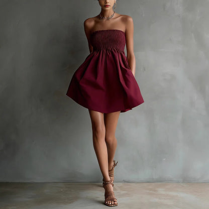 Women's Strapless Tube Mini Dress – Solid Color Elastic Waist