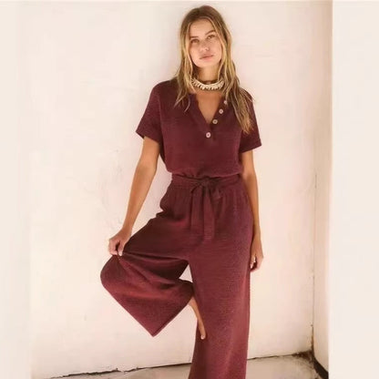 Women's Loose V-Neck Lace-Up Jumpsuit – Wide-Leg Pocket One-Piece