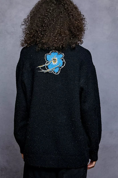 POL Floral Pattern Round Neck Sweater with Exposed Stitching