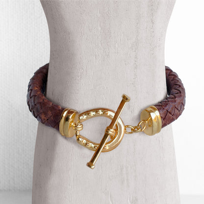 Aristo - 14K Gold Vermeil Brown Leather Horseshoe Bracelet