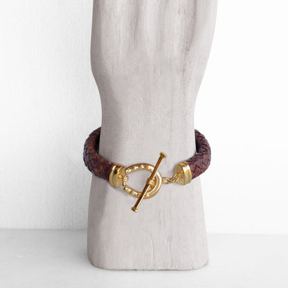 Aristo - 14K Gold Vermeil Brown Leather Horseshoe Bracelet