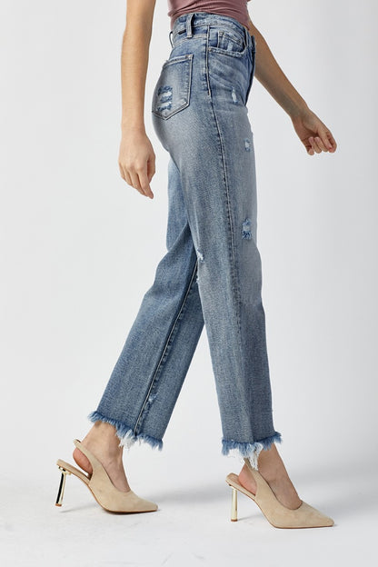 RISEN High Waist Raw Hem Straight Jeans