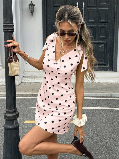 Women's Sleeveless V-Neck Mini Dress with Lace-Up Bow Detail