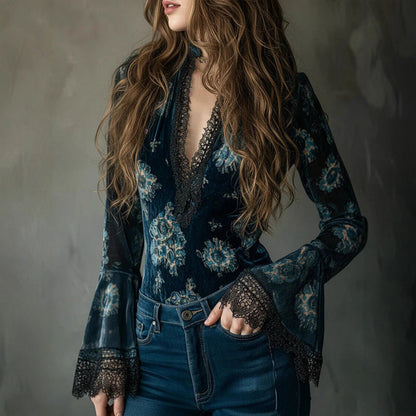 Women’s Retro Lace Panel V-Neck Blouse – Elegant Print Bell Sleeve Top for Spring & Autumn Wear