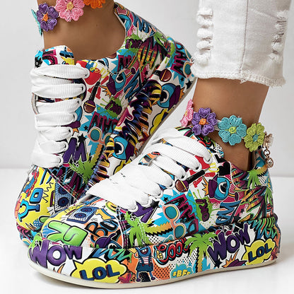 Round-Toe Thick-Sole Lace-Up Sneakers — Women’s Casual Print Shoes