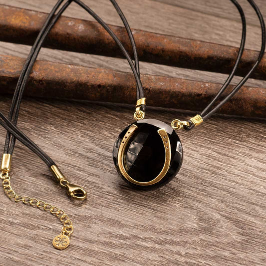 Black Onyx &  Leather 14K Gold Vermeil Horseshoe Necklace