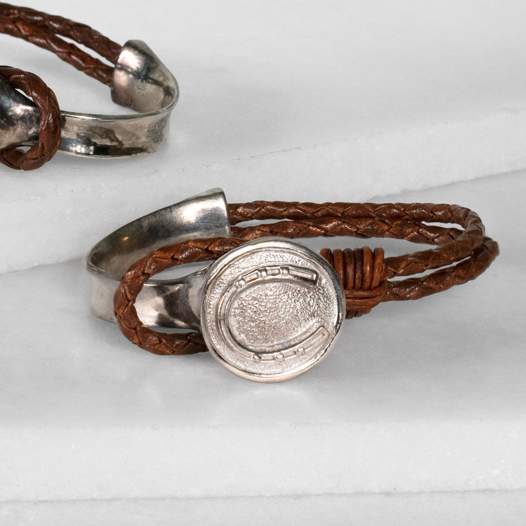Bosal - Leather laced Horseshoe Bracelet in Brown and Silver