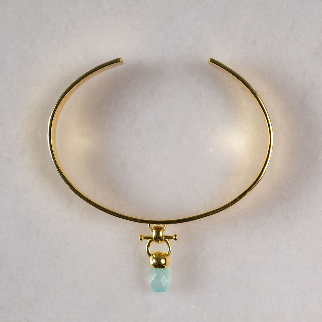 Briolette - Aqua Chalcedony Horse Bit Cuff Bracelet in Gold