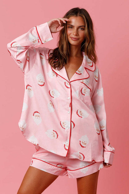 Women’s Satin Santa Claus Pajama Set | Christmas Print Two-Piece Loungewear