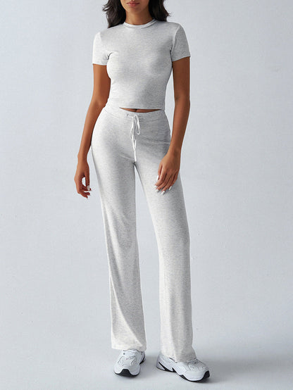 Crew Neck Short Sleeve Top & Full-Length Pants Set – Solid Color, 10 Colors