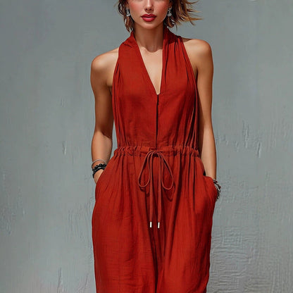 Women's Sleeveless Halter Neck Solid Color Long Jumpsuit