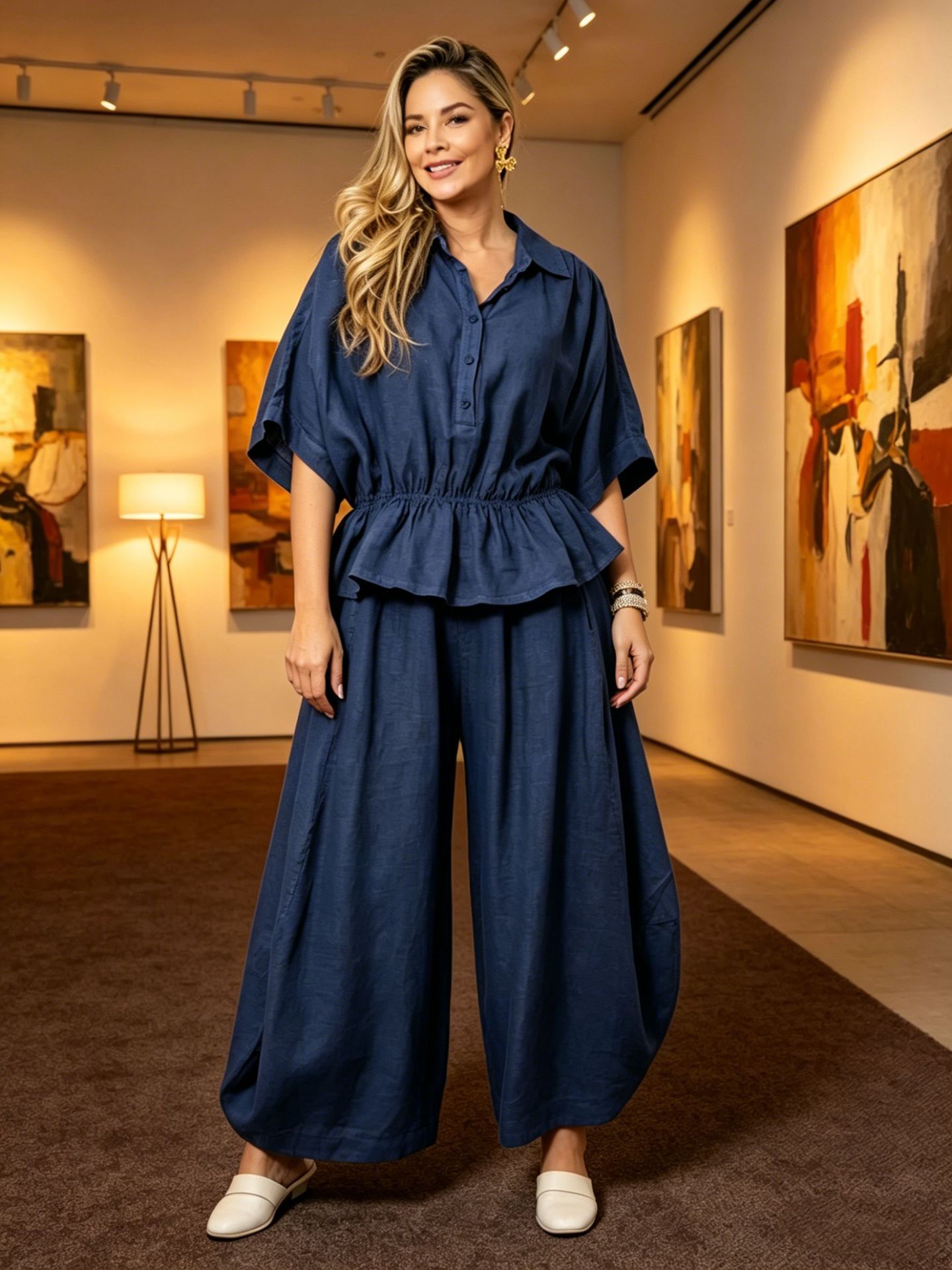 Women's Plus Size Belted Shirt & Wide-Leg Pants Two-Piece Set