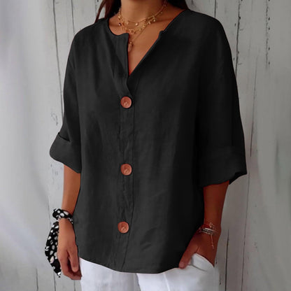 Women's V-Neck Cotton Linen Buttoned Blouse