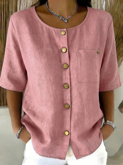 Crew-Neck 3/4 Sleeve Shirt with Metal Buttons – 7 Colors, S–3XL