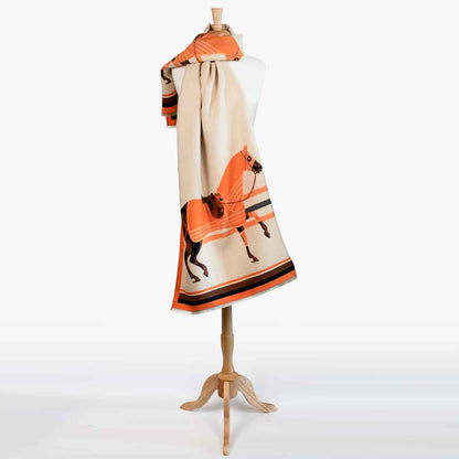 Cali -  Tangerine Equestrian Motif Luxe Shawl