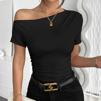 Women’s Y2K Ruched One-Shoulder Summer Top – Slim Fit Asymmetrical Shirt