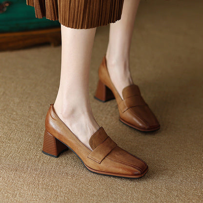 Women's Sheepskin Square Toe Chunky Heel Pumps – Retro High Heel Dress Shoes
