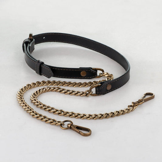 Vanity Strap - Curb Chain in Antique Brass and Black Leather