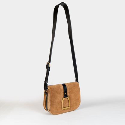 Signature Stirrup - Riding Stirrup Crossbody Luxury Leather Handbag in Black on Chestnut