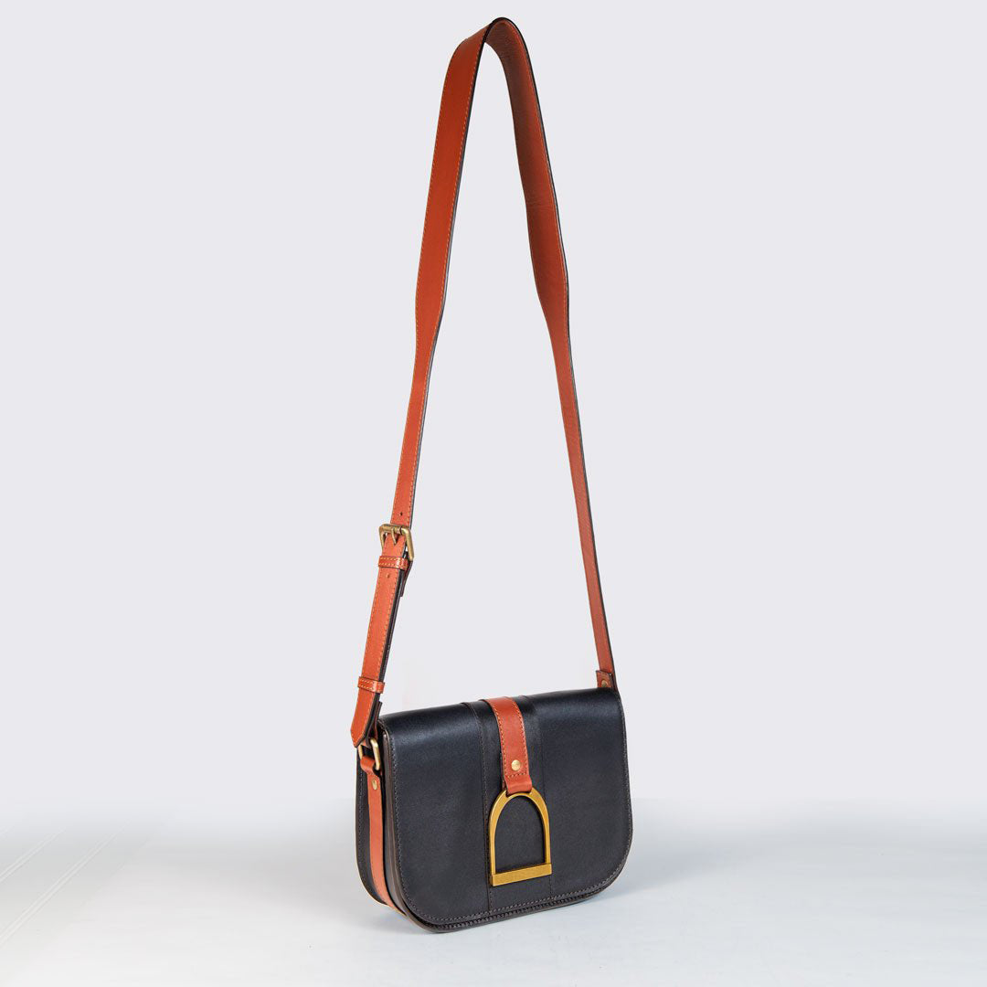 Signature Stirrup - Riding Stirrup Crossbody Luxury Leather Handbag in Cognac on Black