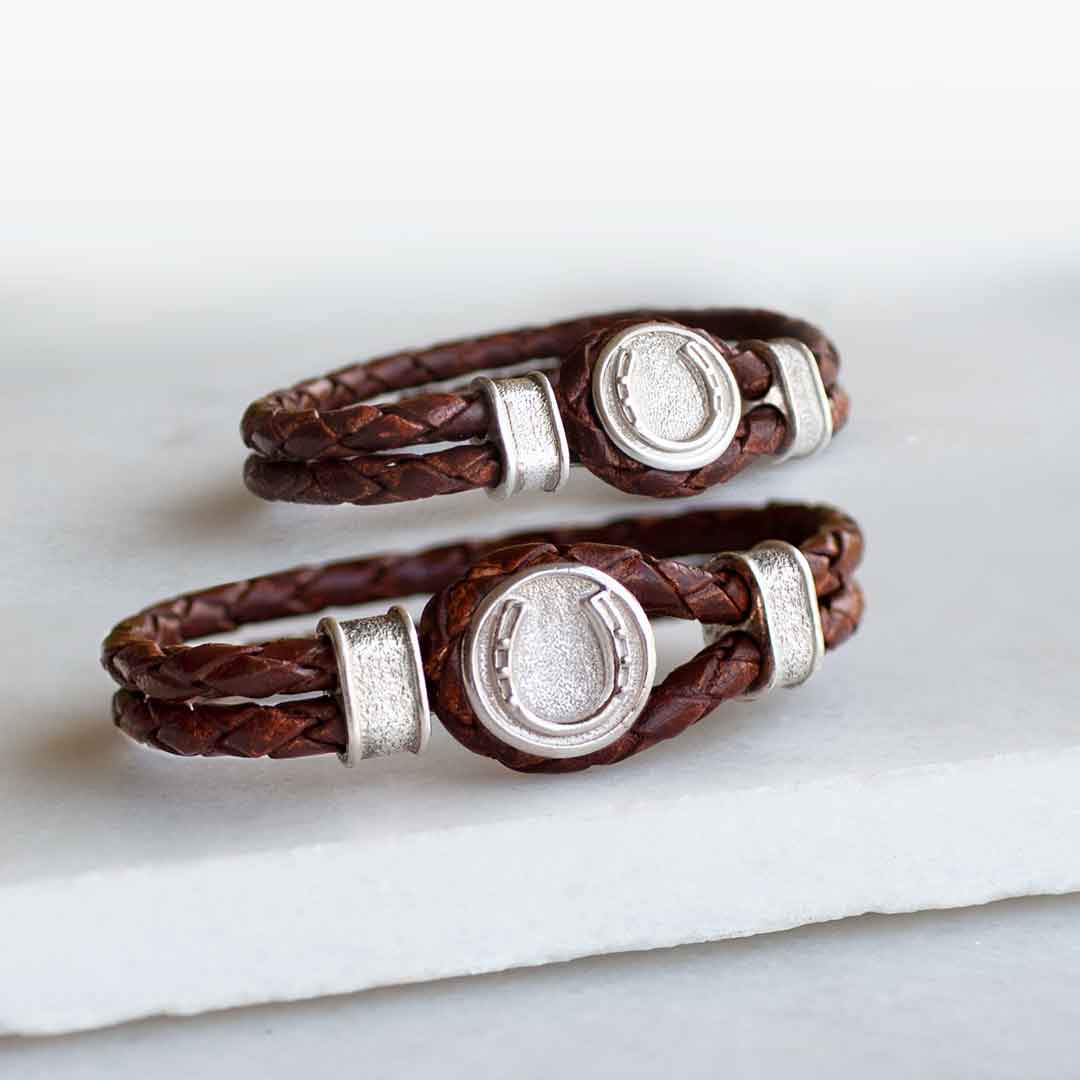 Colton - Horseshoe Dome Braided Equestrian Bracelet Gold or Silver on Brown
