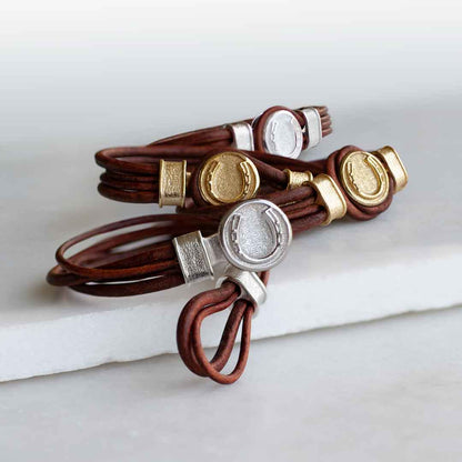 Colton - Horseshoe Dome Laced Equestrian Bracelet Gold or Silver on Brown