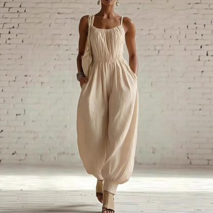 Women's Sleeveless Wide-Leg Jumpsuit – Knit, Low Waist, Flare Pants
