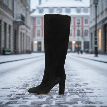 Women’s Suede High Heel Boots | Pleated Thick Heel Pointed Toe