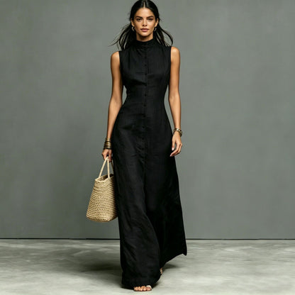 Women's Stand-Collar Single-Breasted Sleeveless Midi Dress