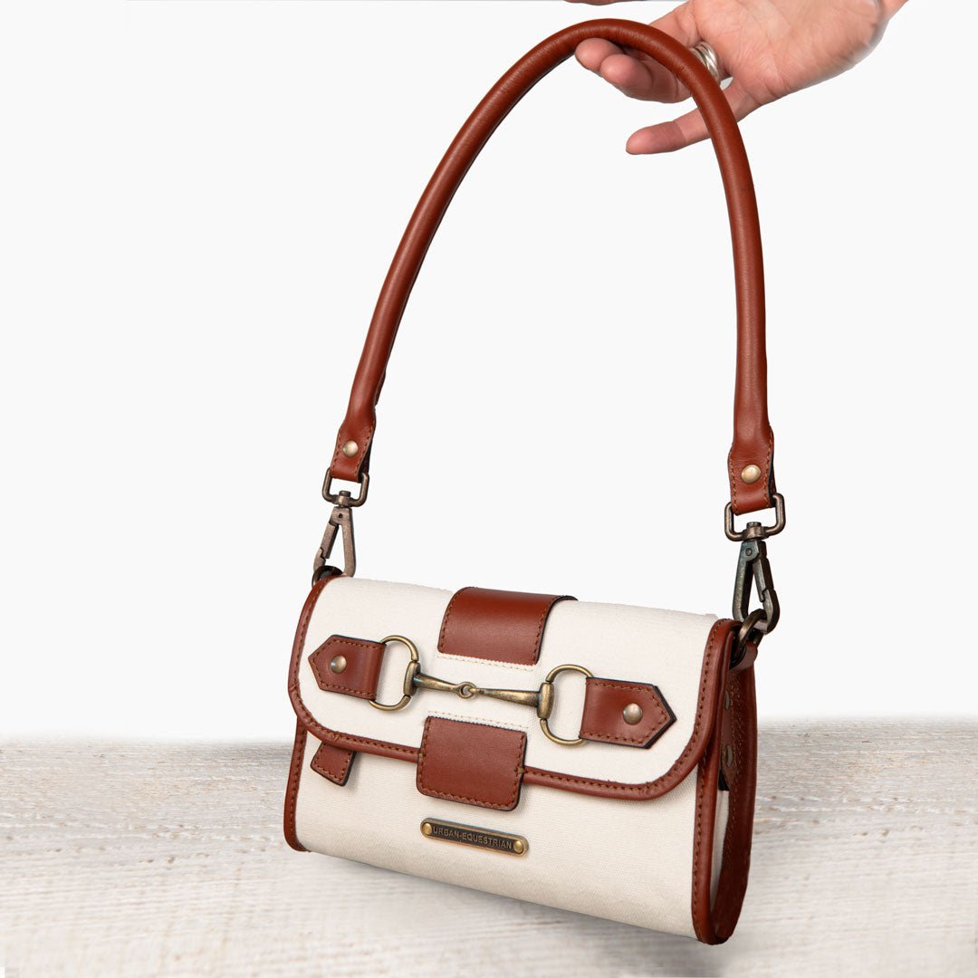 Dalton - Horse Bit Crossbody Luxury Leather Handbag in Cognac on Ivory