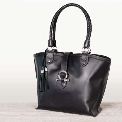 Del Rey -Horse Bit Tote Luxury Leather Handbag in Black