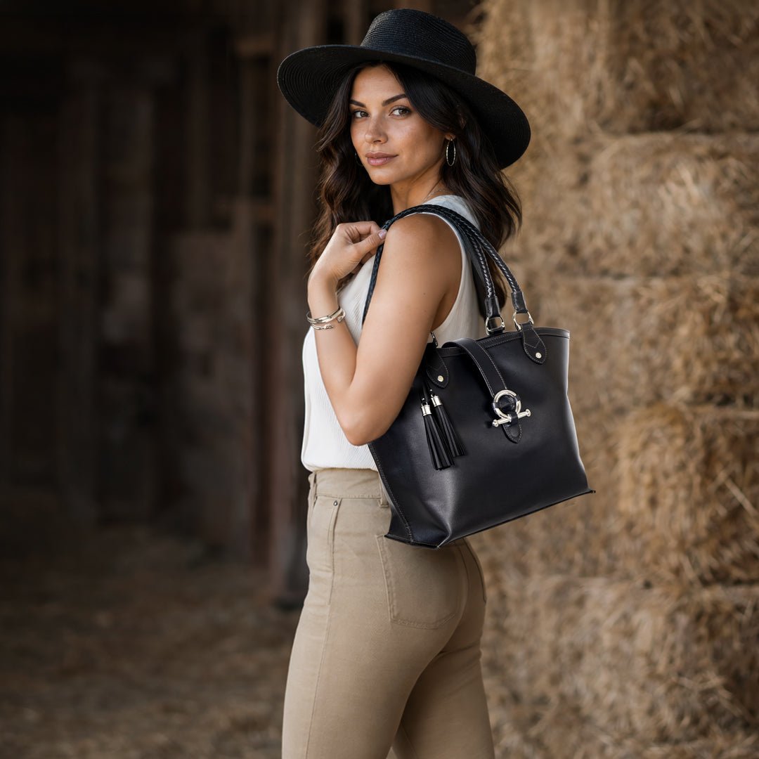 Del Rey -Horse Bit Tote Luxury Leather Handbag in Black