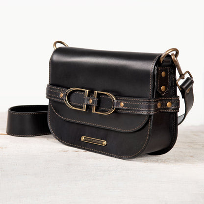 Delaney - Equestrian Stirrup Crossbody Luxury Leather Handbag in Black