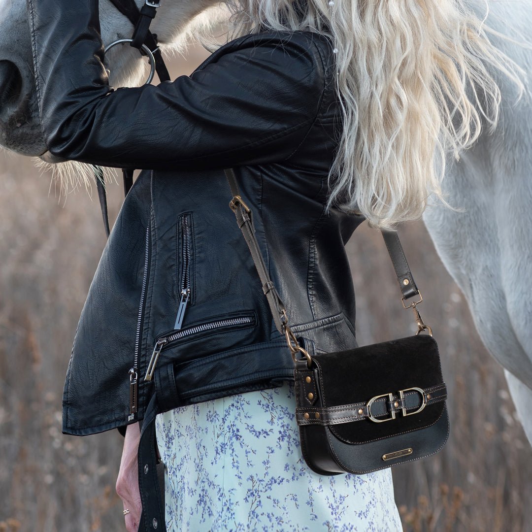 Delaney - Equestrian Stirrup Crossbody Luxury Leather Handbag in Black on Black