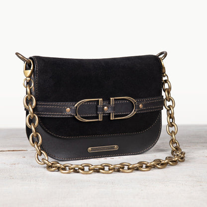 Delaney - Equestrian Stirrup Crossbody Luxury Leather Handbag in Black on Black