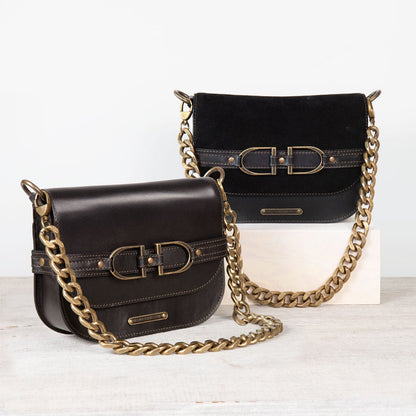 Delaney - Equestrian Stirrup Crossbody Luxury Leather Handbag in Black on Black