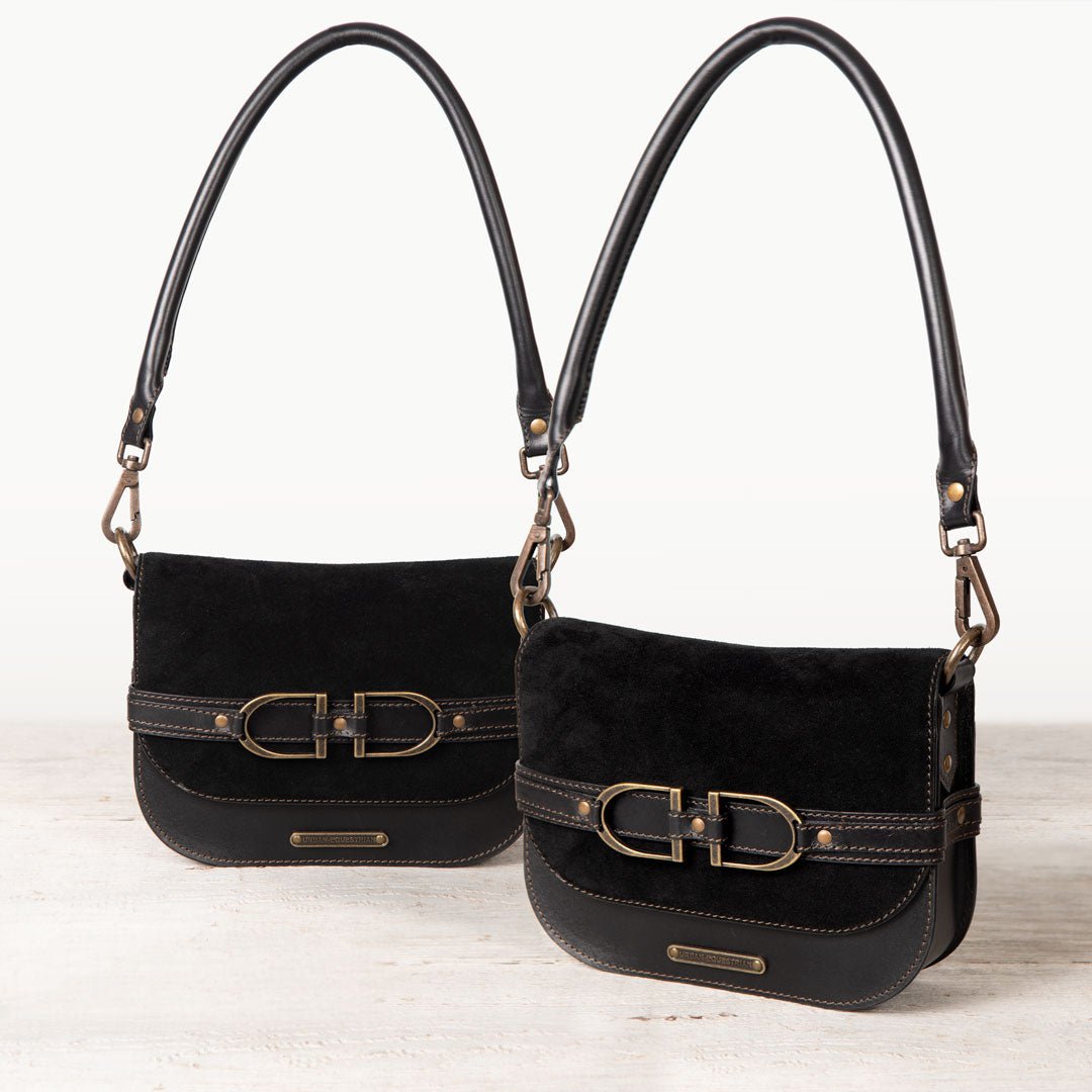 Delaney - Equestrian Stirrup Crossbody Luxury Leather Handbag in Black on Black