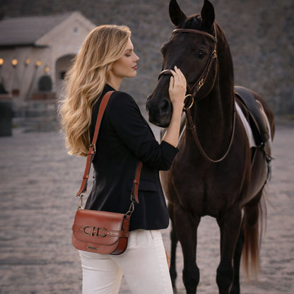 Delaney - Equestrian Stirrup Crossbody Luxury Leather Handbag in Cognac