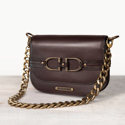 Delaney - Equestrian Stirrup Crossbody Luxury Leather Handbag in Deep Brown
