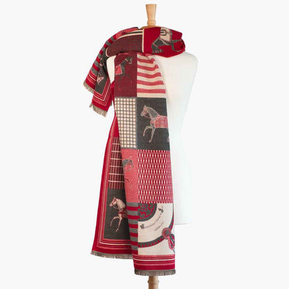 Devon -  Crimson Equestrian Motif Luxe Shawl