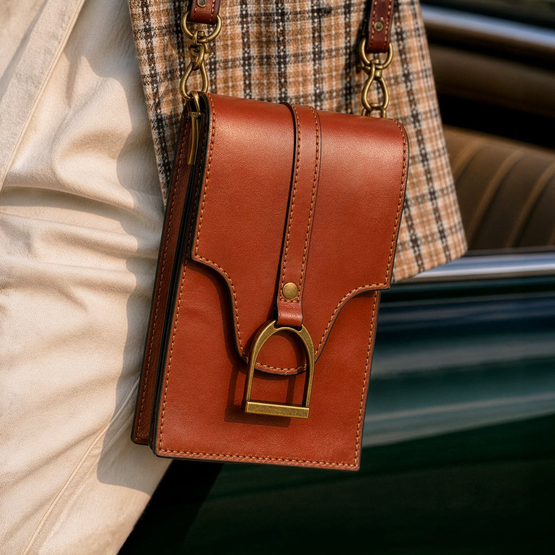 Devon Deluxe Phone Bag - Luxury Leather Handbag in Cognac