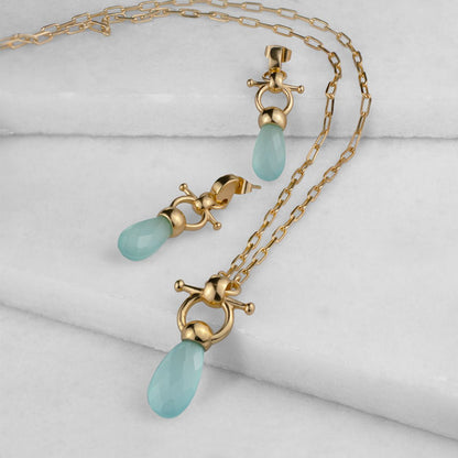 Droplette - Aqua Chalcedony Horse Bit Equestrian Earring in Gold