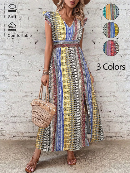 Boho Print Ruffle Sleeve Slit Dress