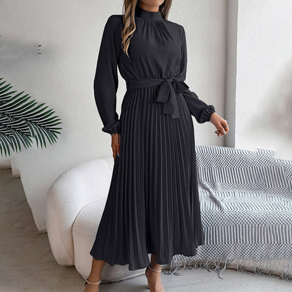 Elegant High Neck Long Sleeve Pleated Maxi Dress - Solid Color Flowy Dress For Women, Casual To Formal Wear