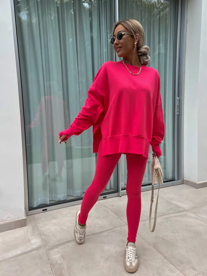 Women’s Casual Sweater Suit – Loose Split Top & Fitted Trousers Set
