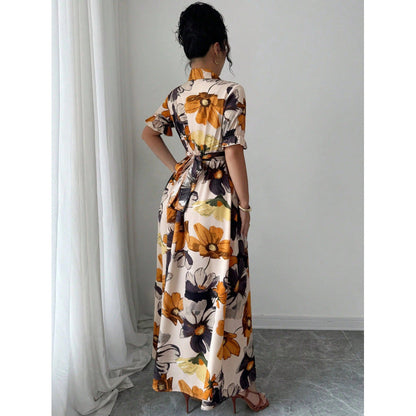 Women’s Printed Puff Sleeve Dress – Blouse Collar Cross-Tie Waist Style