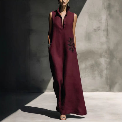 Women's Cotton Linen Mandarin Collar Maxi Dress – Graphic Print with Pockets