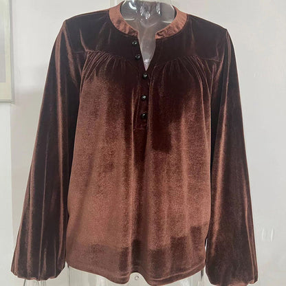 Women's Solid Color V-Neck Button Detail Long Sleeve Pullover