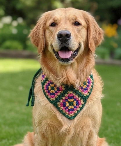 3-in-1 Crochet Granny Square Bandana – Handmade Headband, Pet Collar &Mom Neck Scarf | Colorful Boho Accessory | Retro Crochet Gift