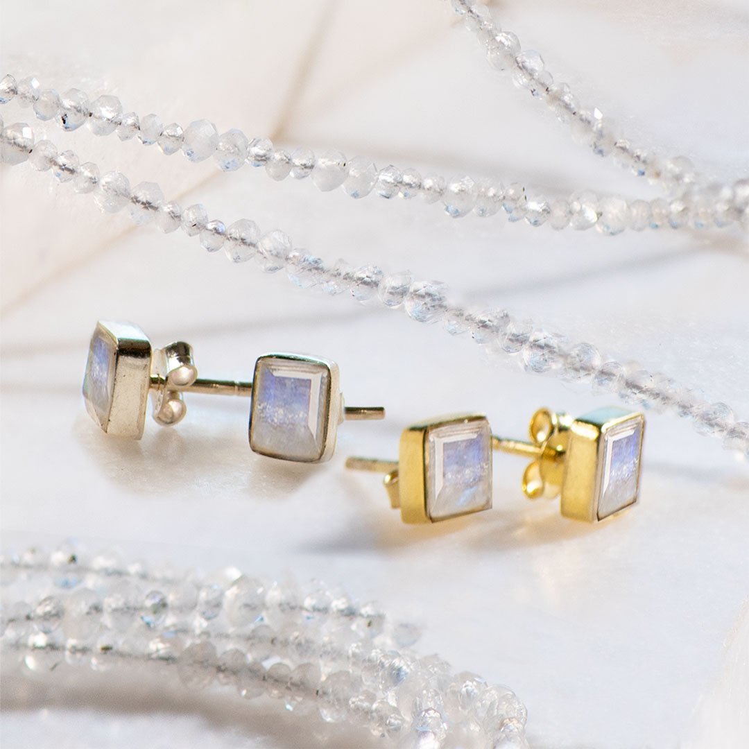 Keepsake - Facet Cut Moonstone Stud Earring in 14K Gold Vermeil